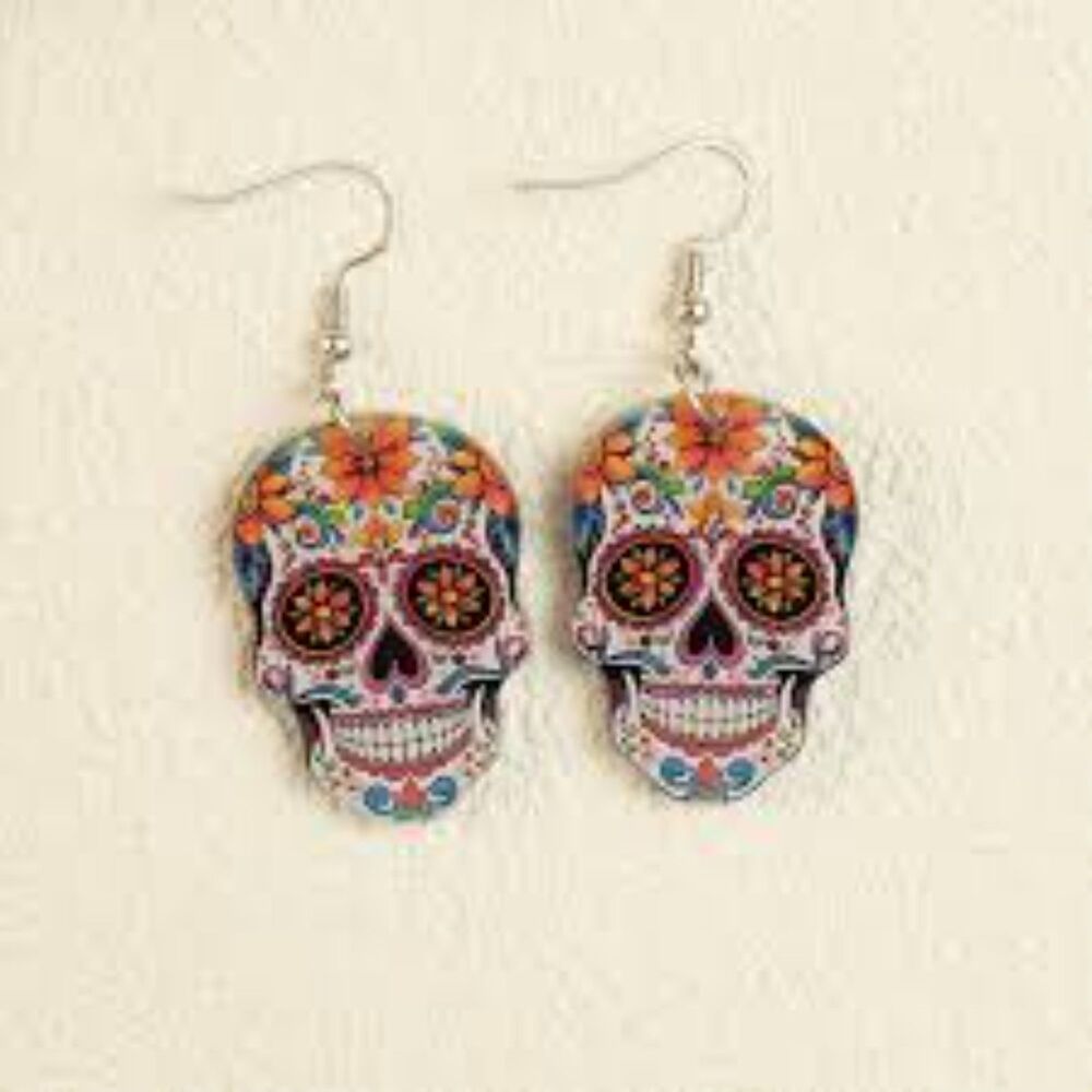 Colorful Sugar Skull Dangle Drop Earrings Acrylic Spooky Whimsy Halloween Fun